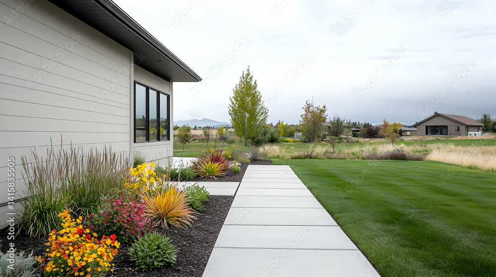 Modern House Exterior With Stone Pathway And Colorful Fall Garden