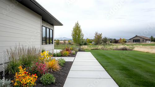 Obraz na płótnie Modern House Exterior With Stone Pathway And Colorful Fall Garden w salonie