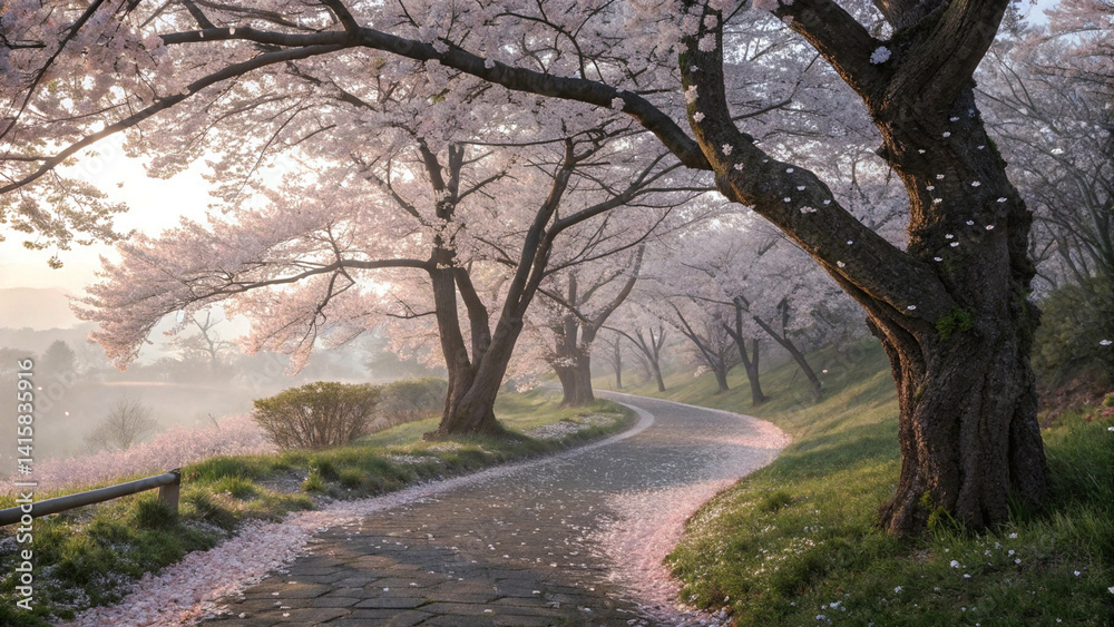 Naklejka premium landscape of cherry blossom trees lining a winding path