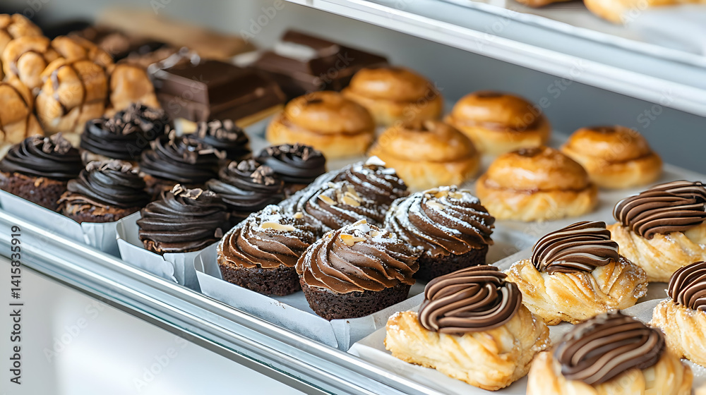 Assorted Chocolate And Caramel Pastries On Display Shelves
