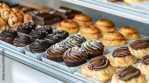Obraz na płótnie Assorted Chocolate And Caramel Pastries On Display Shelves w salonie