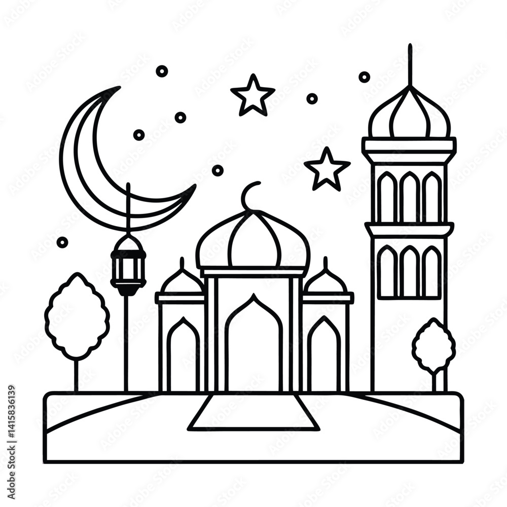 Obraz premium Illustration of a Mosque with Crescent Moon and Stars for Ramadan