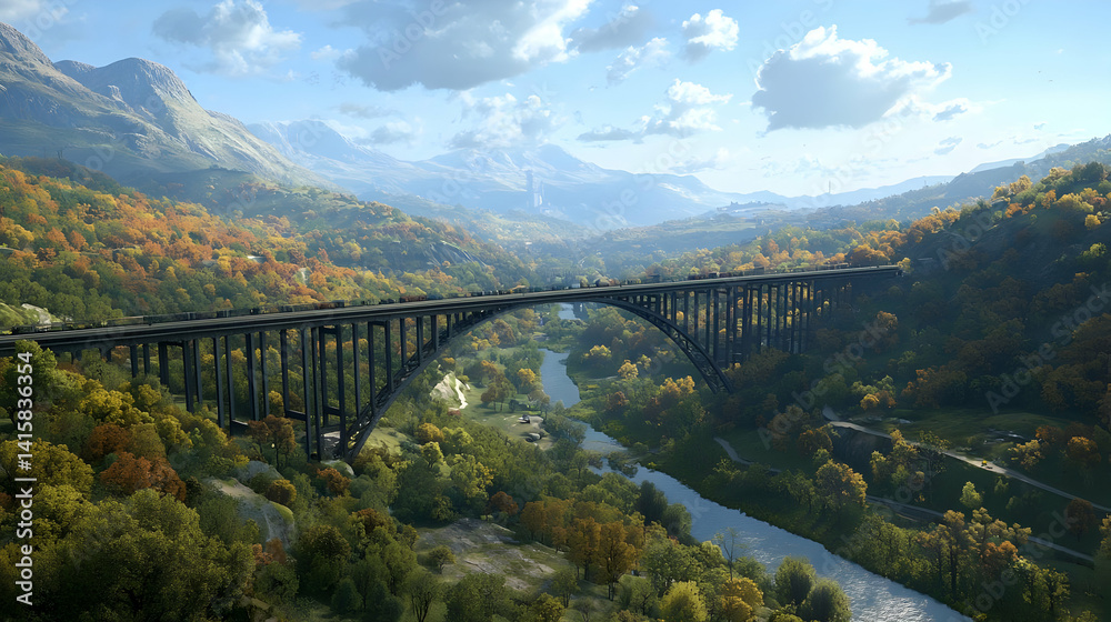 Autumn Valley Landscape With Bridge And River