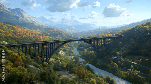 Obraz na płótnie Autumn Valley Landscape With Bridge And River w salonie