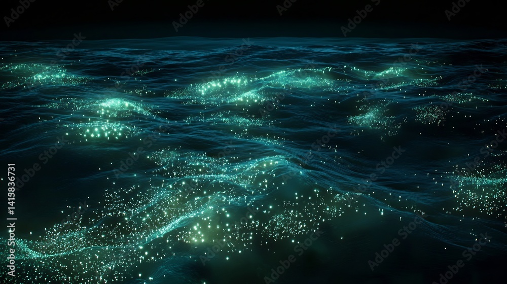 Obraz premium Bioluminescent deep sea ecosystem showing glowing marine organism dark ocean background