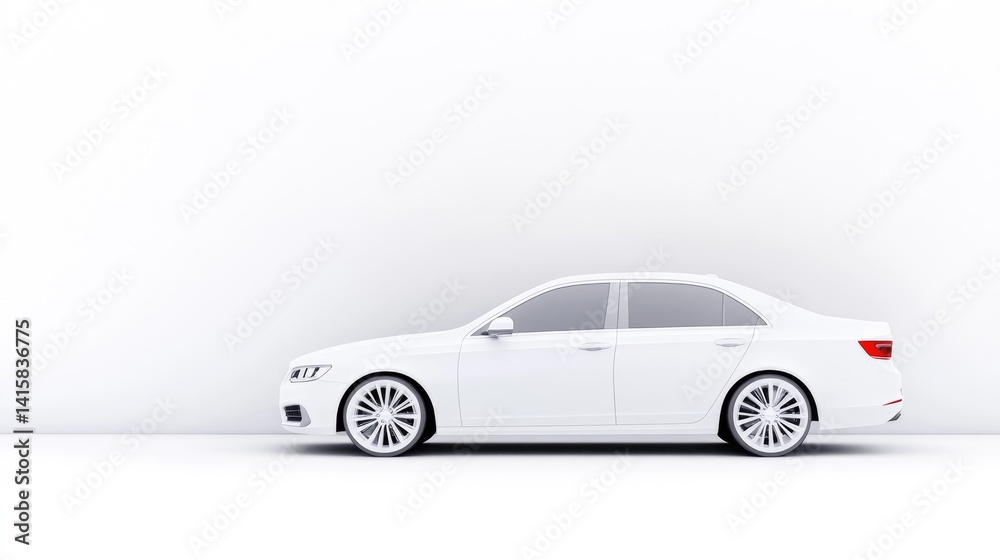 Fototapeta premium White sedan against a white background. Detailed side view of a modern, clean vehicle