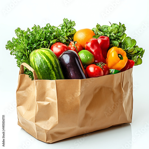 Paper bag filled with fresh vegetables including tomatoes peppers and cucumbers
