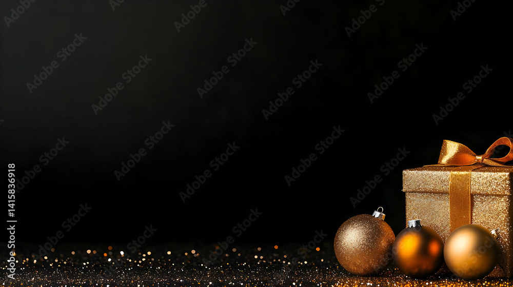 Golden Gift Box And Ornaments On Black Background