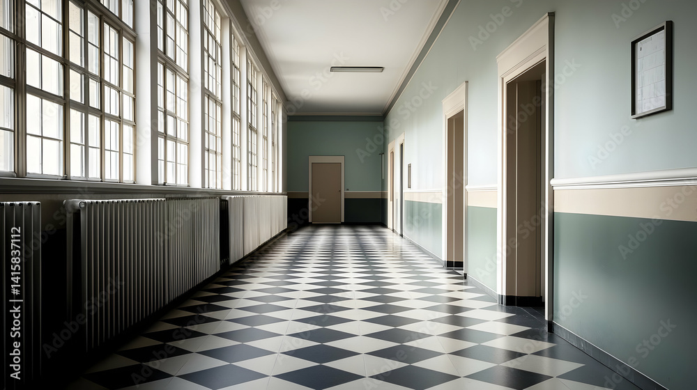 Long Empty Corridor With Patterned Floor And Pale Green Walls