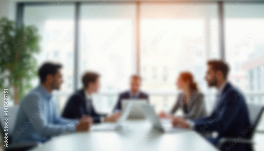 Blurred business meeting in modern office. Team discussing strategy, planning future goals. Colleagues share ideas around table. Successful teamwork, collaboration, corporate work. Financial Blurred business meeting in modern office. Team discussing strategy, planning future goals. Colleagues share ideas around table. Successful teamwork, collaboration, corporate work. Financial