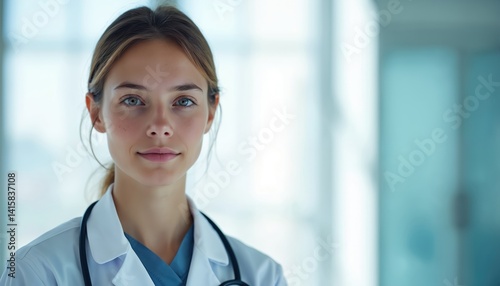 Portrait of young smiling female medical student. Woman wearing white coat with stethoscope, uniform, looking at camera. Medicine, healthcare, medical, hospital. Professional, doctor, physician,