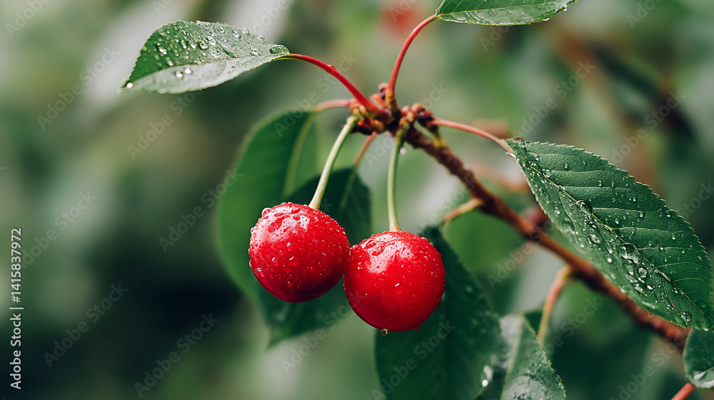 Obraz premium Ripe juicy sweet cherries in water droplets hanging on a branch with green leaves. Gardening