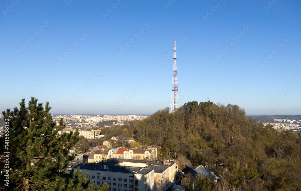 Lviv TV tower on the High Castle mountain and the old town of Lviv