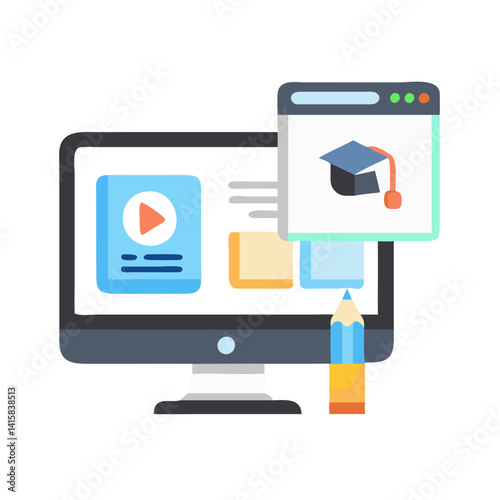 Online learning and education icon on computer screen