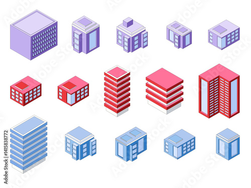 isometric building icons set