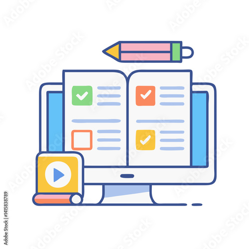 Online Learning Platform on Computer with Book and Video