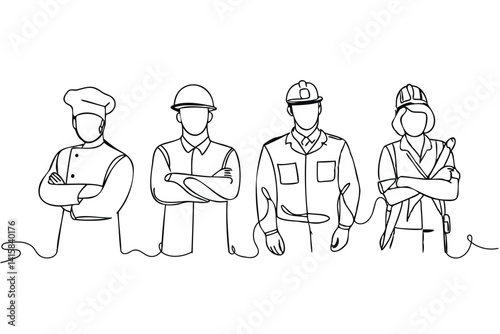 set of Continuous one line drawing people of different professions, chef, policeman, doctor, engineer posing together, vector illustration 