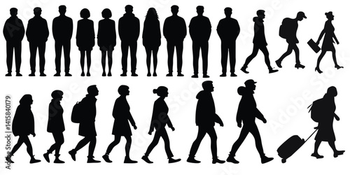 Silhouettes of people walking and traveling set