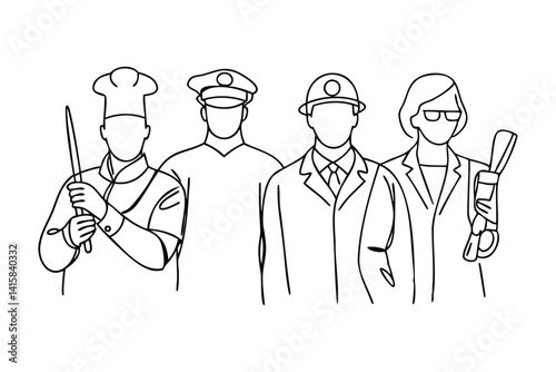 set of Continuous one line drawing people of different professions, chef, policeman, doctor, engineer posing together, vector illustration 