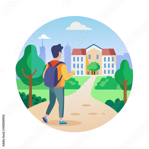 Student walking to university campus illustration with buildings