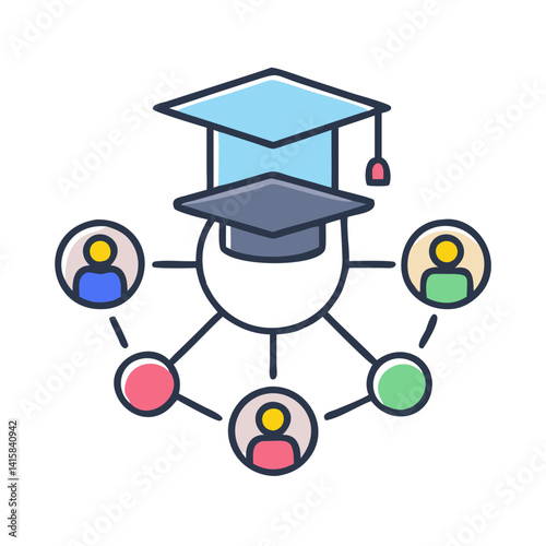 Online education network with graduation cap and people