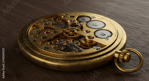 Detailed photograph of a broken pocket watch, steampunk style, exposed intricate gears, vintage gold and patina, soft lighting