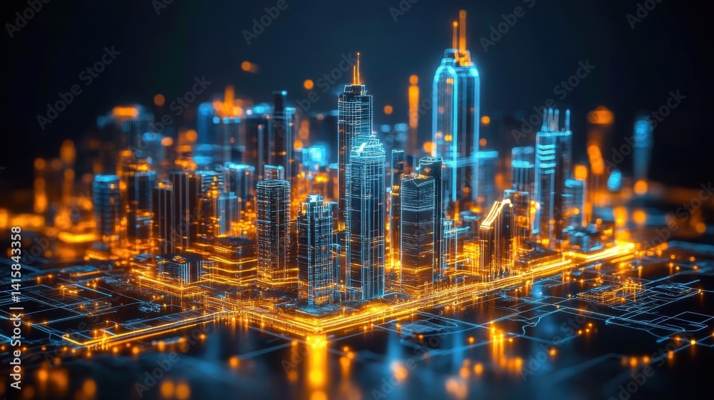 Fototapeta premium Futuristic cityscape illuminated by neon lights, highly detailed, 3D render