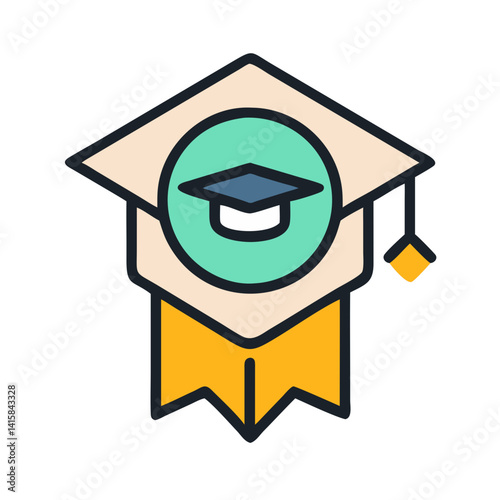 Graduation Cap Badge Icon with Ribbon Illustration