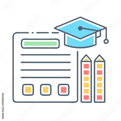 Education Icon with Book, Mortarboard, and Bar Graph