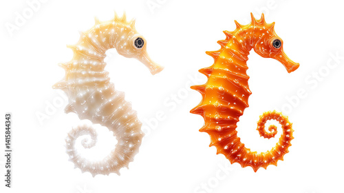 Two seahorses are shown, one with white coloration and another colored bright orange, against a solid black background.
