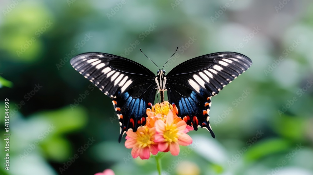 Fototapeta premium A black and white butterfly with vibrant colors on a flower