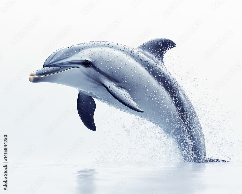 Obraz premium Image of Dolphin Leaping Out of Water on Isolated White Background with Detailed Features and Splash