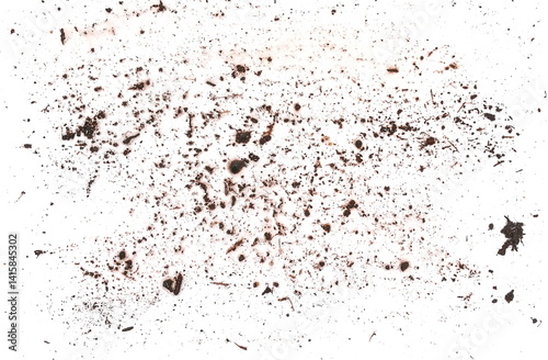 Wet mud, stains and water droplets texture with dry dirt isolated on white background, top view and clipping path