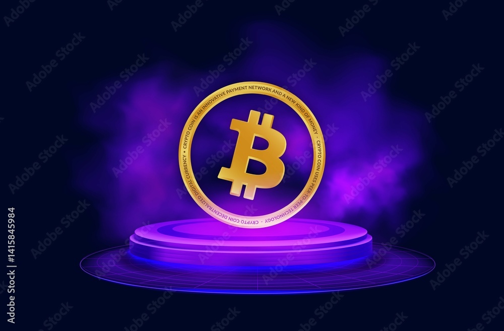 images of the bitcoin-btc logo on a digital background. 3d illustrations.