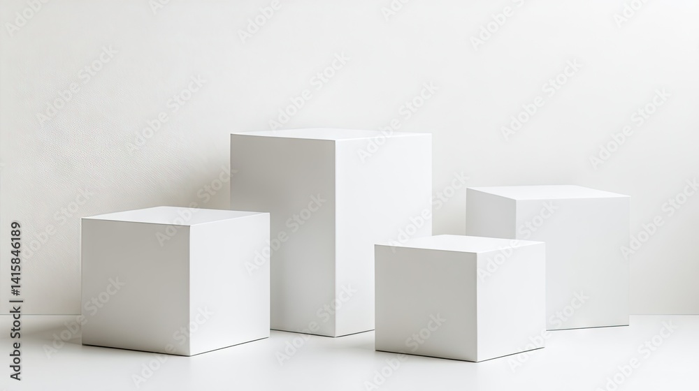 Four white cube display platforms against a plain white backdrop. Four white cube display platforms against a plain white backdrop.