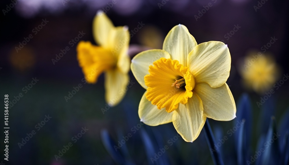 Vibrant yellow daffodil in full bloom against dark blurred background with soft lighting Vibrant yellow daffodil in full bloom against dark blurred background with soft lighting