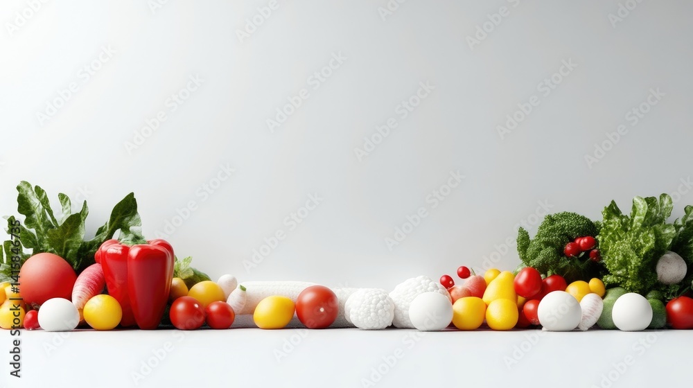 Fresh colorful vegetables and fruits arranged on a white surface Fresh colorful vegetables and fruits arranged on a white surface