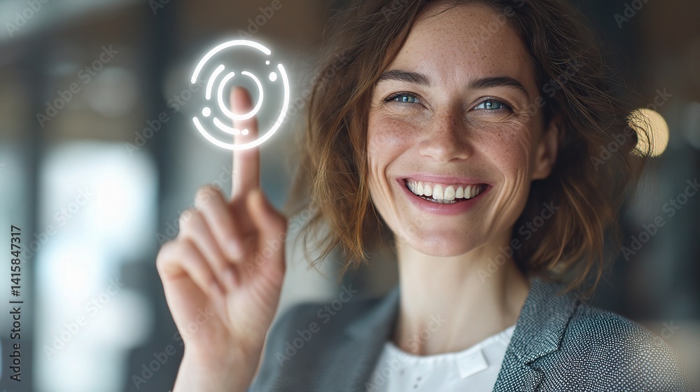 Smiling Executive Woman Pointing Happily at Digital Interface Concept Smiling Executive Woman Pointing Happily at Digital Interface Concept