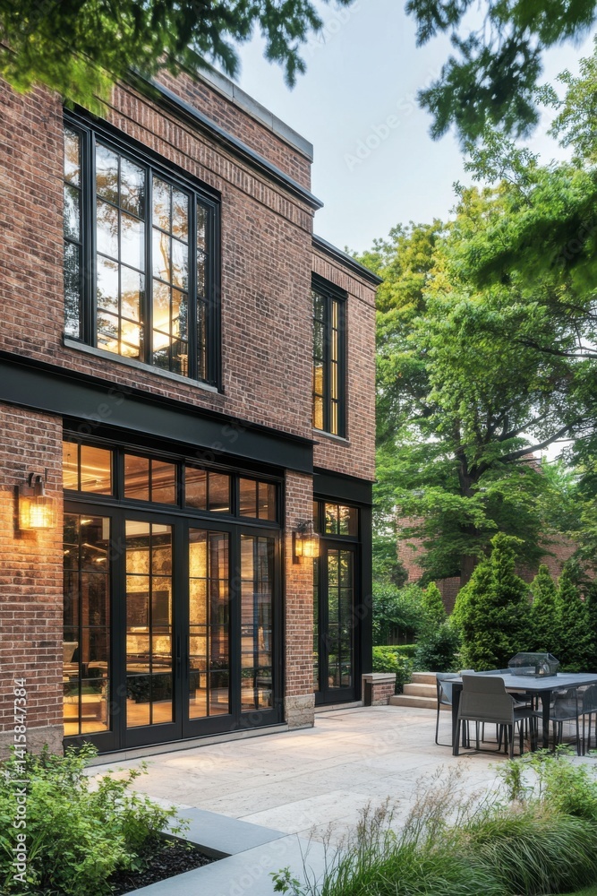 A modern brick house featuring expansive windows and a cozy outdoor seating area, nestled among trees, beautifully illuminated by the afternoon sunlight A modern brick house featuring expansive windows and a cozy outdoor seating area, nestled among trees, beautifully illuminated by the afternoon sunlight