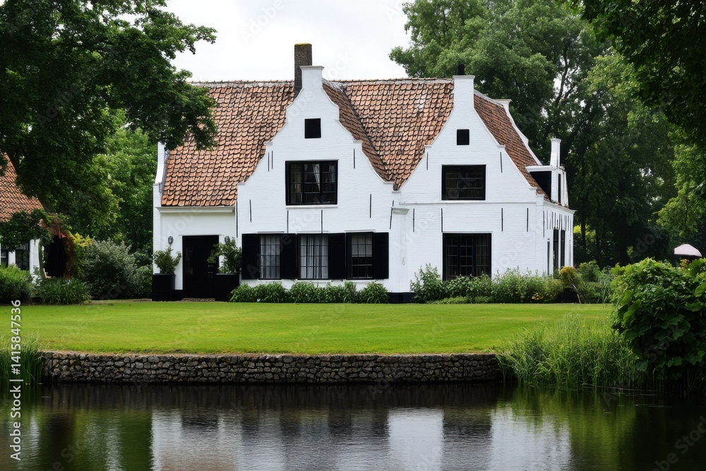 Charming white house with a red-tiled roof situated near a calm body of water surrounded by lush greenery in a serene countryside setting on a cloudy day Charming white house with a red-tiled roof situated near a calm body of water surrounded by lush greenery in a serene countryside setting on a cloudy day