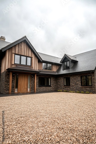 Behold a breathtaking modern home featuring a captivating blend of stone and wood elements. It's set in a tranquil environment, embraced by the beauty of nature all around