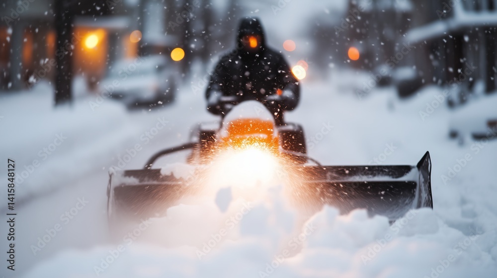 Naklejka premium Man working with snow blower. Manning snow blower operation