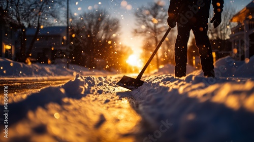 man shovels snow off road. man shovels snow off