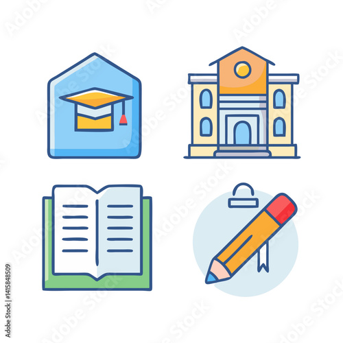 Colorful Educational Icons: University, Learning, and Student Life
