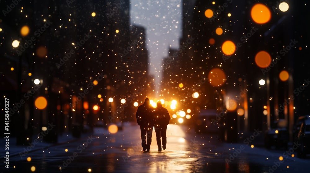 Fototapeta premium Urban snow in a pair of pedestrians AI