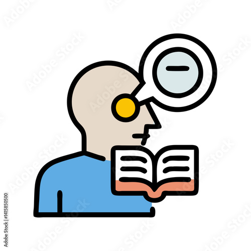Man reading book with negative sign concept illustration