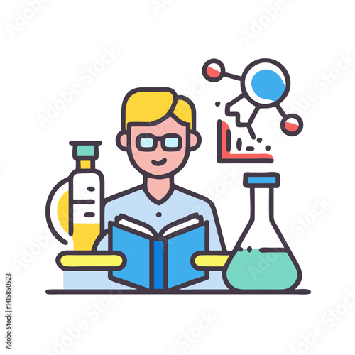 Scientist reading science book, flask and microscope icons