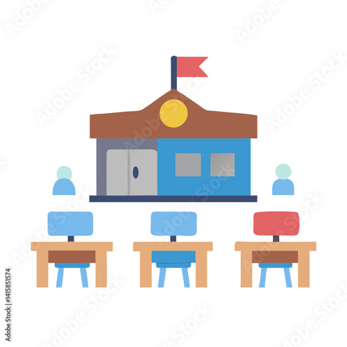 Schoolhouse Illustration with Students and Desks on Black