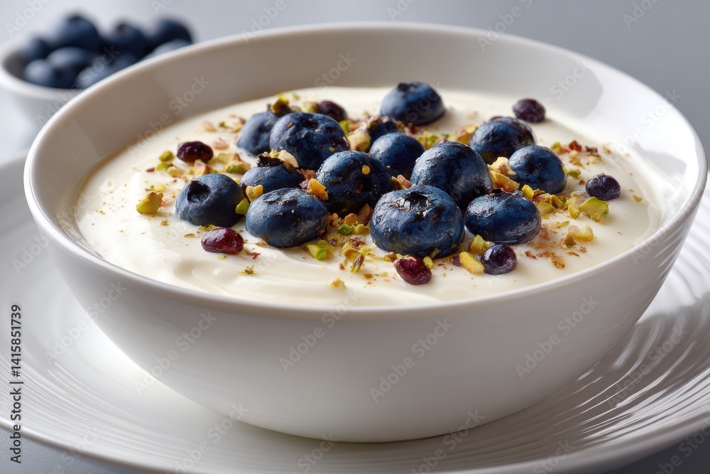 Close-up of a white bowl with fresh creamy yogurt, juicy blueberries, chopped pistachios and dried cranberries, healthy breakfast or snack, healthy eating.