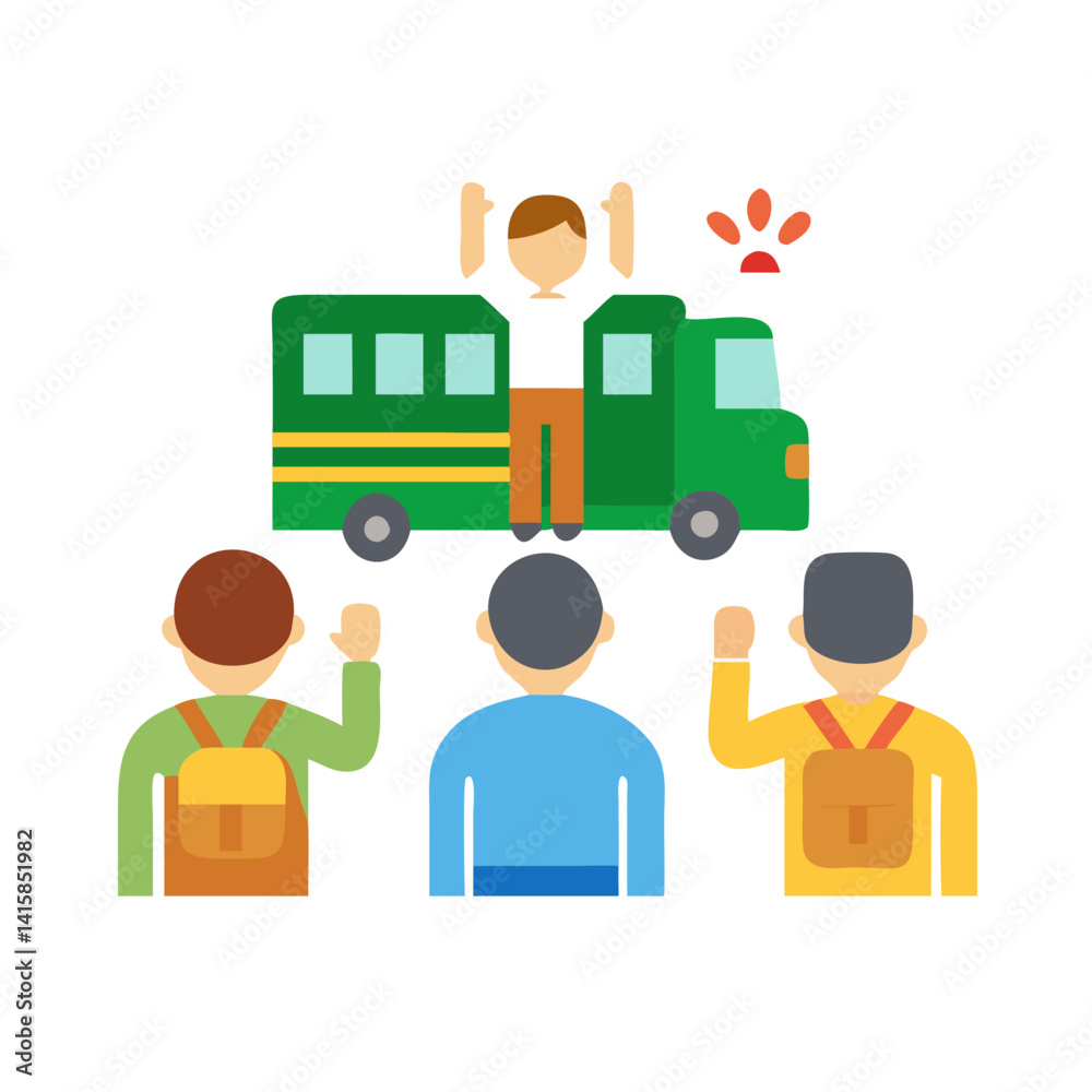School bus protest: Illustration of demonstraters and vehicle School bus protest: Illustration of demonstraters and vehicle